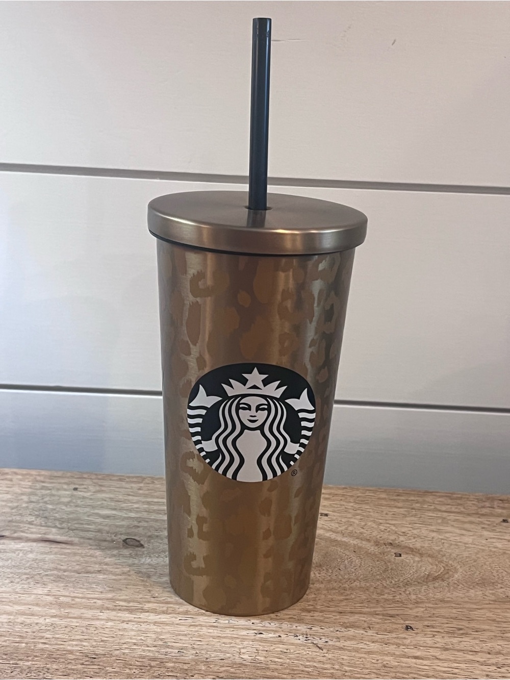 Starbucks Metallic Gold Leopard Print Tumbler with Black Straw Rare